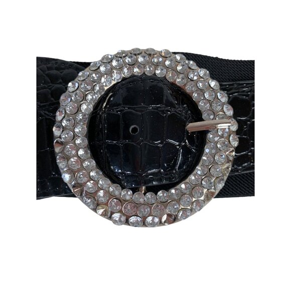VTG Inspired 80s Black Wide Elastic Belt SZ M/L Rhinestone Buckle Crock Embossed - Picture 5 of 15